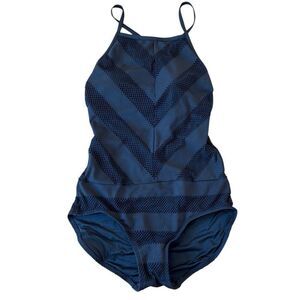 Calvin Klein black mesh high neck cross back one piece suit 8
